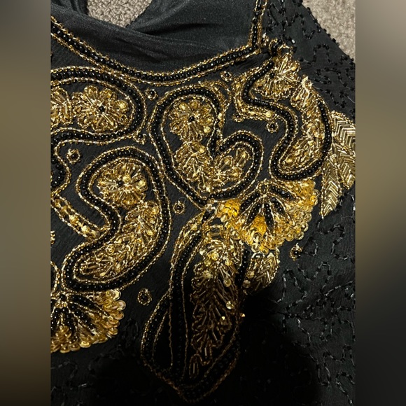 Vintage Scala Gold & Black Beaded Short Sleeve Top Blouse Shoulder Pads Keyhole - Picture 8 of 16